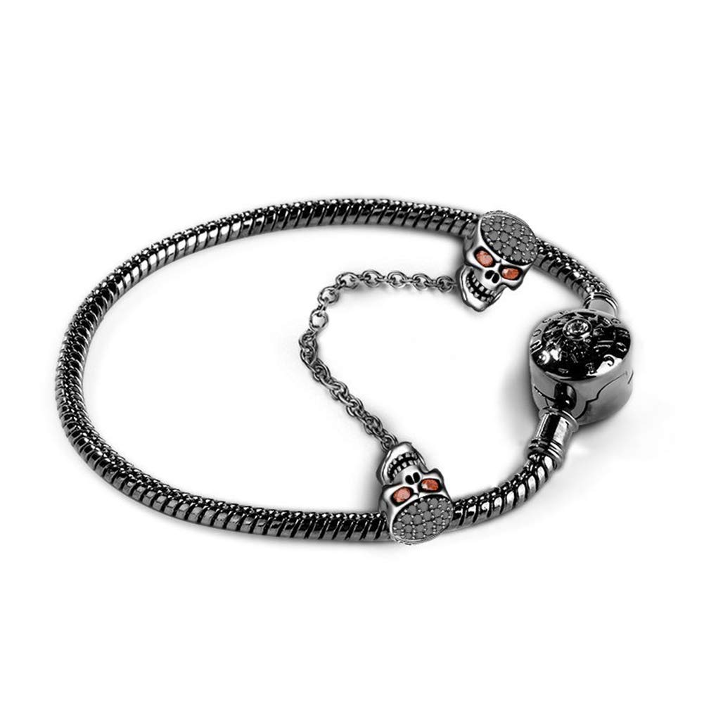GNOCE Black Skull Charm Bracelet with Safety Chain Sterling Silver Snake Chain "Because I Love You" Basic Charm Bangle with Round Clasp (Black, 22)