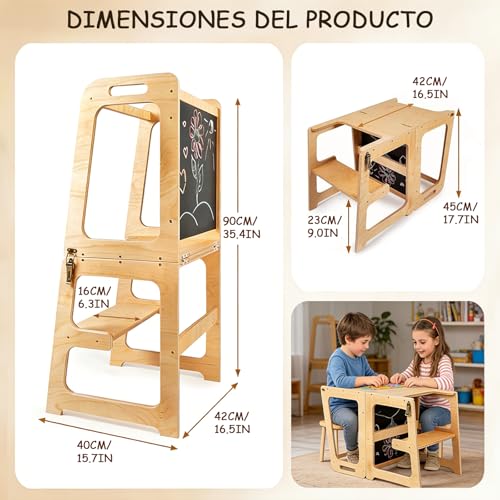 YISHEN 4In1 Torre de Aprendizaje Montessori,Torre Montessori para Niños Antideslizante,Torre de Aprendizaje con Tablero Blanco y Negro,Ajustable en Altura,con Pincel y Borrador,para Niños de 1a3 Años