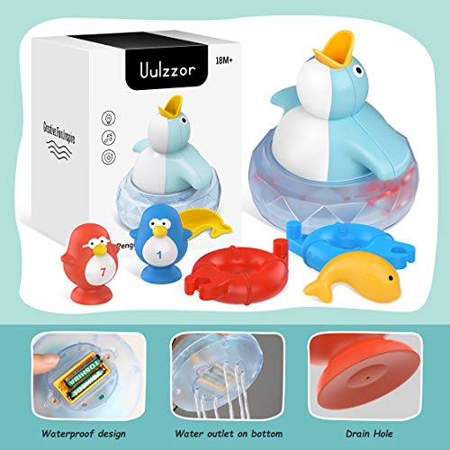 TOYOKID Bath Toys Bathtub Toy for Toddlers Kids Babies 1 2 3 4 Years Old Boys and Girls, 1 Floating Penguin with Music and LED Light, 2 Squirting Cute Toy Baby Bath Toy