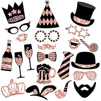 Rose Gold Photo Booth Props (No Glitter) - Mix of Hats, Lips, Mustaches, Crowns and More (22 pcs) - Durable and Vibrant - Perfect for Birthday Parties, Weddings and More