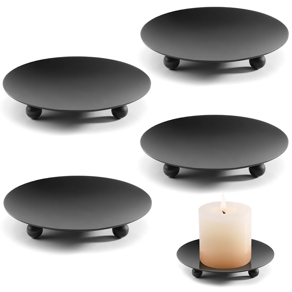 Aongray Round Metal Candle Holder Plates Set of 4 Candle Holder Tray Black Traditional Pillar Candle Dishes for Wedding Church Decorative Candle Holders