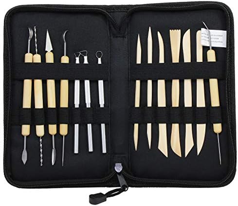 OCR 14PCS Ceramic Pottery Clay Tools Modelling & Pottery Clay Sculpting Tools, 5 Wooden Dotting Tools + 5 Rubber Clay Modelling Tools + 4 Ball Stylus Tool + 4 Plastic Pottery Tools Set with Canvas Zip