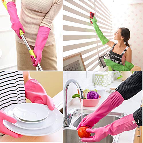 Lesirit Waterproof Household Gloves Long Sleeve Fleece Cuff Latex Cleaning Gloves from, 2 Pair Pack (B)