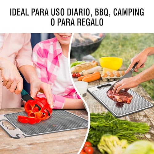 Tabla de Cortar Acero Inoxidable 304 Antibacteriana 35x25 cm | 3 en 1 con Afilador, Rallador y Canal Antiderrame | Doble Cara | Cuchillo Profesional + eBook 100 Recetas Mediterráneas