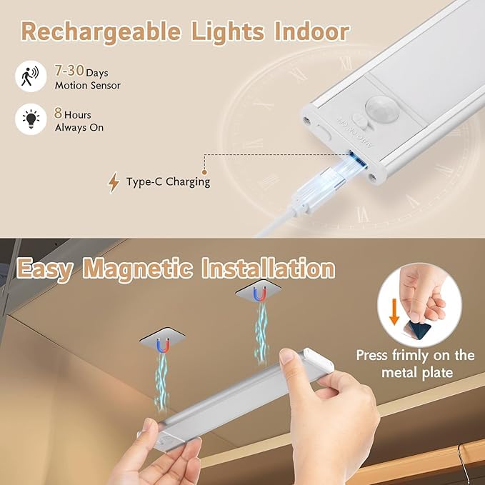 Under Cabinet Lights, 4 Pack 1800Ah Large Motion Sensor Light Indoor with 3 Color Temps, Dimmable Closet Lights, LED Magnetic Light, Rechargeable Under Counter Lights for Kitchen (8Inch-4Pack)