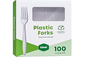 GUSTO Comfy Package [100 Pack] Heavyweight Clear Plastic Forks with Engraved Design - Disposable Sturdy Plastic Utensils for Parties, Weddings, and Events
