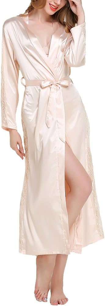 SUITEASY Women Satin Sleepwear Long Kimono Robe Nightwear Pure Color Bridal Robe