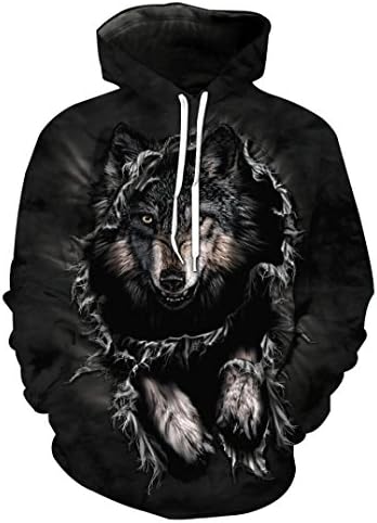 Kixing TM Unisex Printed Wolf Pullover Long Sleeve Hooded Sweatshirt Tops Blouse (Black, 3XL)