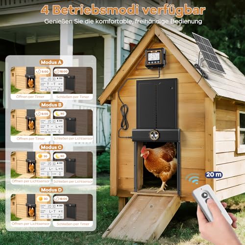 Large Automatic Chicken Flap Solar with Waterproof Control, Aluminium Chicken Flap Automatic with Light Sensor, Timer, 7 W Solar Panel, Pinch Protection, Remote Control, Electric Chicken Door