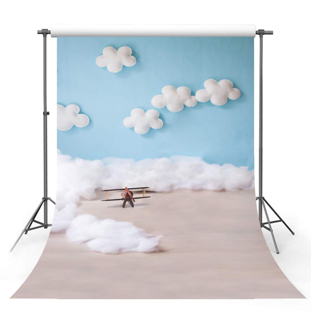 MEHOFOTO Cute Cartoon Blue Sky and White Cloud Boy Baby Birthday Party Banner Decoration Pilot Aircraft Backdrops for Photography 5x7ft