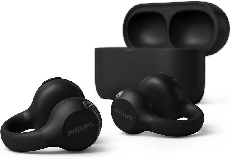 TAQ2000BK ohraufliegende True Wireless Multipoint-Bluetooth-Ohrhörer mit Ohrmanschette - 28 Stunden Spielzeit, Kompaktes Lade-Case, Klare Anrufe, für Arbeitsweg und Sport - Schwarz