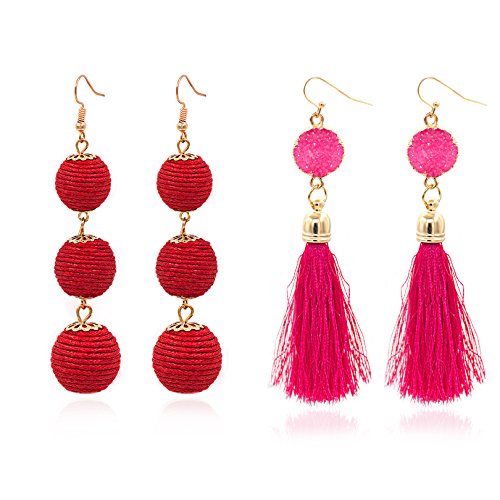Shoopic 2 Pairs Thread Ball Dangle Earrings Set Druzy Stone Tassel Drop Earrings