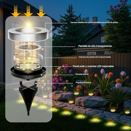 FIFlying 10 Pieces Solar LED Outdoor Garden Lights, 8 LED Solar Lights Outdoor Garden Floor, Stainless Steel, LED Solar Garden Lights for Lawn, Path, Sidewalk, Patio, Warm White