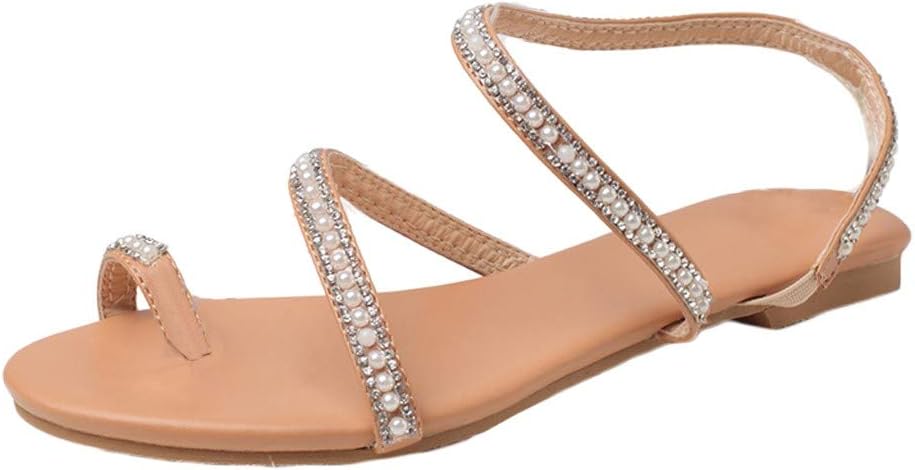 BOLUBILUY Women's Luxury Style Pearl Rhinestone Slip On Sandals,Cross Strap Platform Open Toe Slingback Beach Shoes