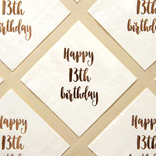 MAGJUCHE Happy 13th Birthday Cocktail Napkins, 50-Pack 3ply White Rose Gold Dinner Celebration Party Decoration Napkin - Thumbnail 7
