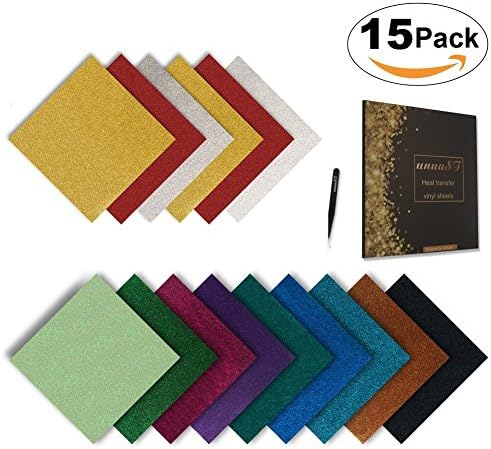Glitter Heat Transfer Vinyl HTV Bundle for T-shirts -15 Sheets 10 x 10 inches ,Iron On Sparkle Vinyl Pack for Silhouette Cameo &amp; Cricut Machines, Bonus One Free Weeding Tweezers