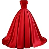 TOOWOOT Strapless Prom Dresses Long Satin Ball Gown Formal Dress for Women Evening Dress with Pockets