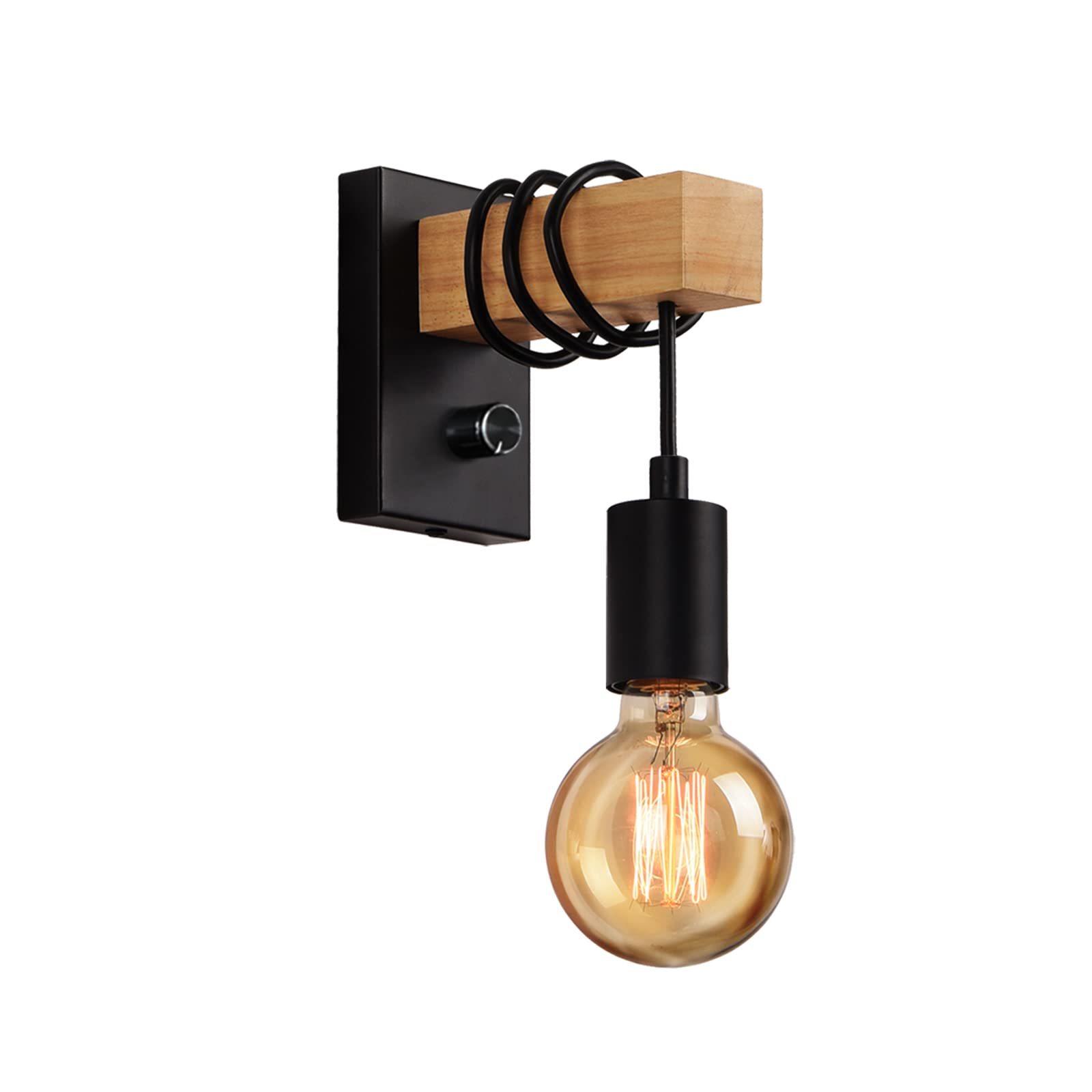 ENCOFT Wall Lamp Dimmable Wall Light with Dimmer Switch Vintage Industrial Wood Wall Sconces E27 Base for Bedroom, Living Room, Kitchen, Restaurant, Black (Not Included Bulb)