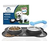 No Spill Dog Bowls by Bent&Freck - Non Skid Mat with Stainless Steel Bowls and Bonus Chew Toy - Perfect Feeding Tray for Small Dogs and Puppies - Untippable Holder Prevents Food, Water Spills and Mess