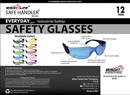 SAFE HANDLER Protective Safety Glasses, Blue Polycarbonate Impact and Ballistic Resistant Lens - Black Temple (Box of 12)