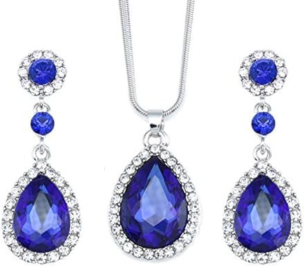 Silove Rhinestone Pendant Necklace and Drop Dangle Earrings Set Wedding Bridal Jewelry Sets for Women (Blue)