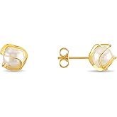 Barzel 18K Gold Plated Caged Pearl Stud Earrings, 6MM - Made In Brazil