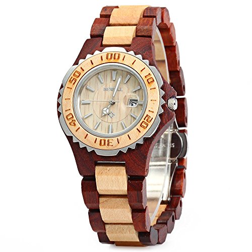 Bewell Women's ZS-100BL Handmade Wooden Analog Quartz Red Sandalwood and Maple Retro Wrist Watch