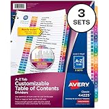 Avery A-Z Tab Dividers for 3 Ring Binders, Customizable Table of Contents, Multicolor Tabs, 3 Sets (44225)