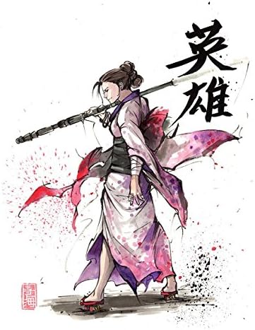 8x10 PRINT of sumi watercolor REY holding her staff in kimono with Japanese calligraphy HERO