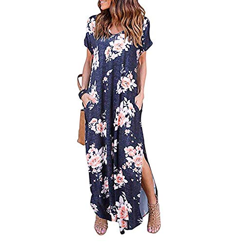 Women's Casual Loose Pocket Long Dress Short Sleeve Split Maxi Dresses Summer Beach Long Dress by Chaofanjiancai Navy