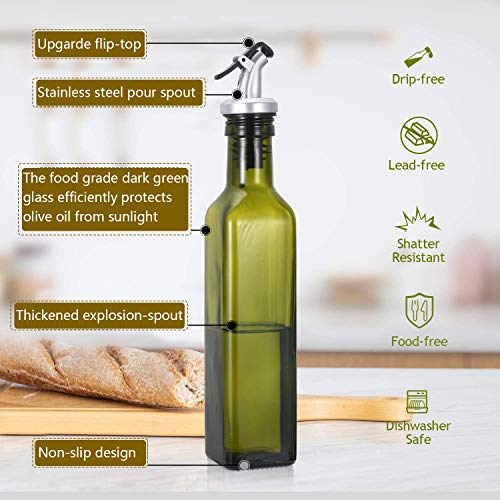 Gusnilo Glass Olive Oil Bottle - 250ml Second Generation Green Oil & Vinegar Cruet with Pourers and Funnel - Olive Oil Carafe Decanter for Kitchen-(8.5 Oz Ounce)