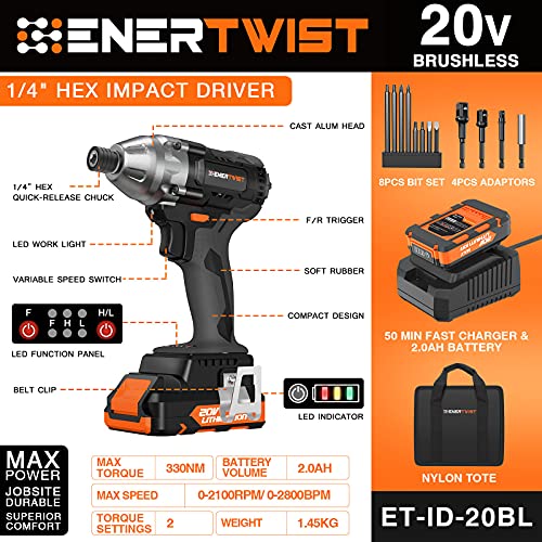 ENERTWIST Cordless Impact Driver20V Max 1/4" Brushless Impact Drill