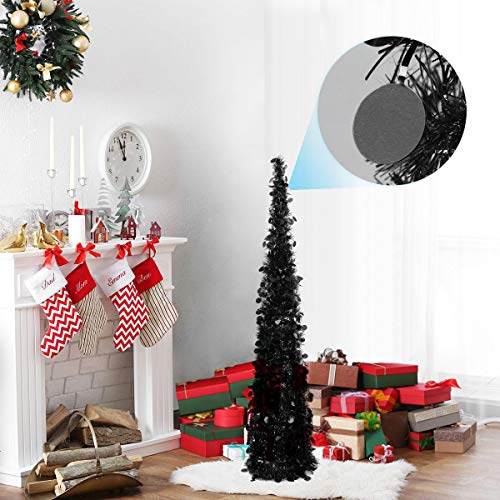 N&T NIETING 5ft Slim Collapsible Pop Up Black Tinsel Halloween Christmas Tree for Halloween Decorations, Holiday, Xmas Decor, Party, Home Display, Office, Fireplace Indoor