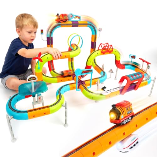 hahaland Electric Toy Train Children 115 Pieces, Anti-Gravity 3D Track with 2 Rechargeable Vehicles, Lights and Music, STEM Building Set, Gift Boy Girl 3 4 5 6 Years Old