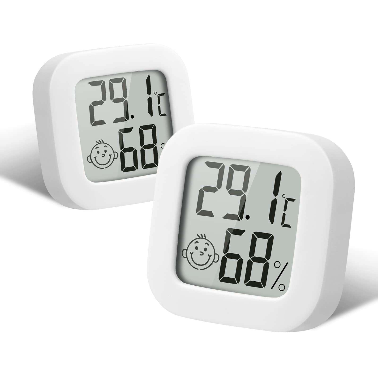 flintronic 2pcs Room Thermometer Hygrometer Indoor, Mini Digital Temperature Humidity Meter Gauge, Accurate Hygrometer with Clear LCD Display and Face Icons for Home Baby,Office,Garden(with Battery)