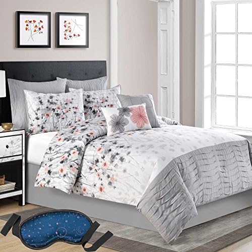 Modern Elegant Luxury Pleated Grey Bedding Floral and Coral Hues Printed Comforter Set, QUEEN (9 Piece Bed in a Bag) with Sleep Mask
