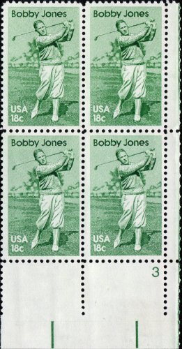 BOBBY JONES ~ GOLFER #1933 Plate Block of 4 x 18Â¢ US Postage Stamps