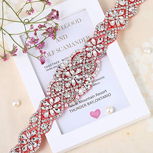 Crystal Applique with Red Back Adhesive, FANGZHIDI Beaded Applique with Silver Rhinestone Claw- Best for DIY on Wedding Dress, Bridal Belt Sash