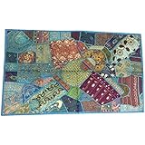 Mogul Bahama Blues Embroidered Patchwork Sari Tapestry Wall Hanging 60X40