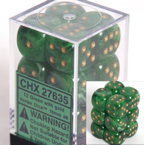 Chessex Dice d6 Sets: Vortex Green with Gold - 16mm Six Sided Die (12) Block of Dice