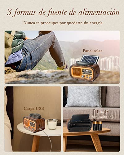 PRUNUS J-150 Vintage Retro FM/Am/SW Radio, Rechargeable Small Portable Radio 1200mAh, or Works with 2 D Batteries, with Solar Panel, Transistors Radios with Bluetooth, USB/TF Player of 5W.