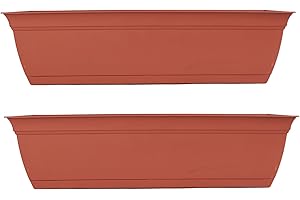 The HC Companies 24 Inch Eclipse Window Planter Box with Drainage Holes & Attached Saucer, Lightweight UV-Resistant Plastic Outdoor Planters, 2-Pack Flower Box for Garden & Home Decor, Clay