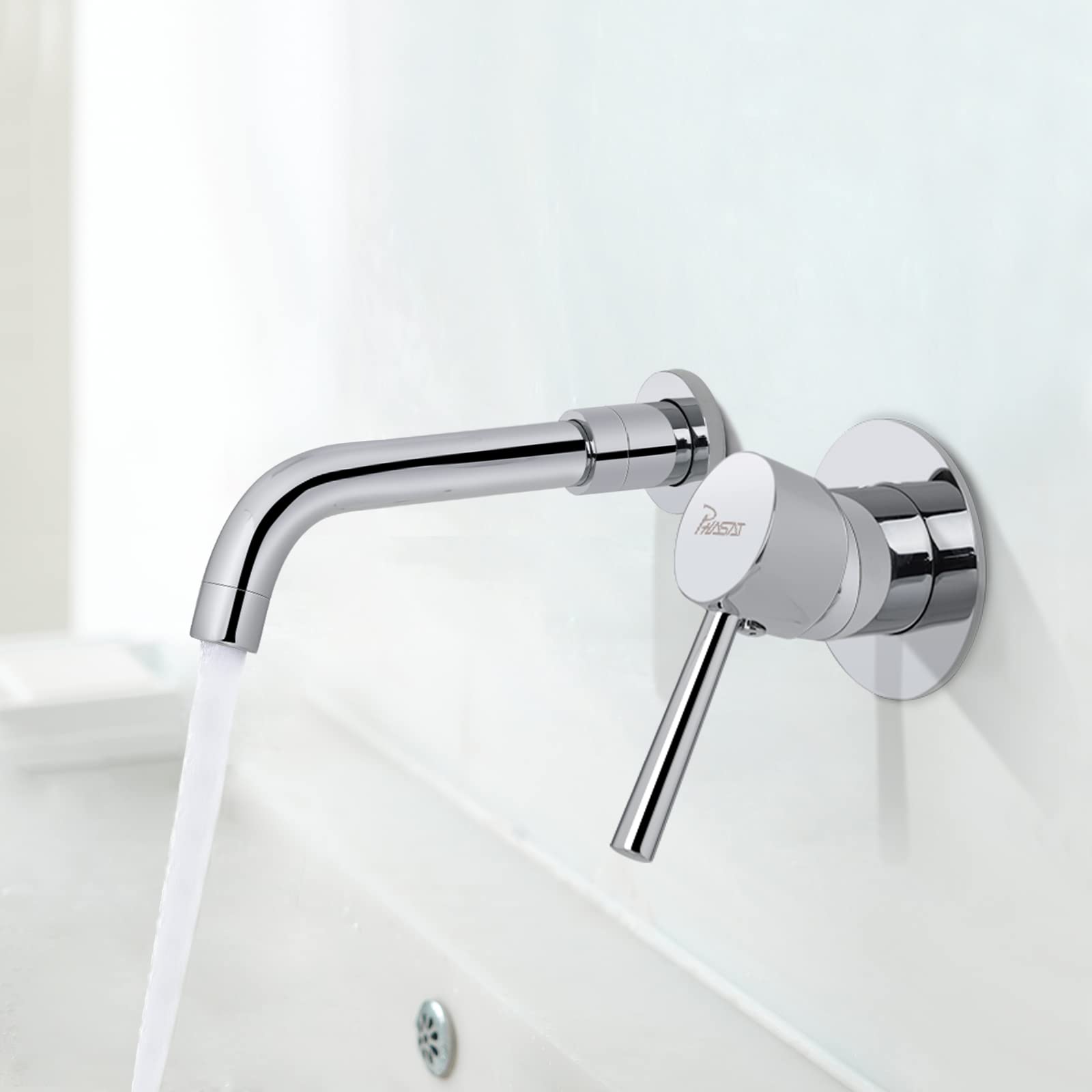 PHASAT Wall Mounted Basin Mixer Taps Brass Basin Tap with 360 Degrees Rotating Spout PTBB06C