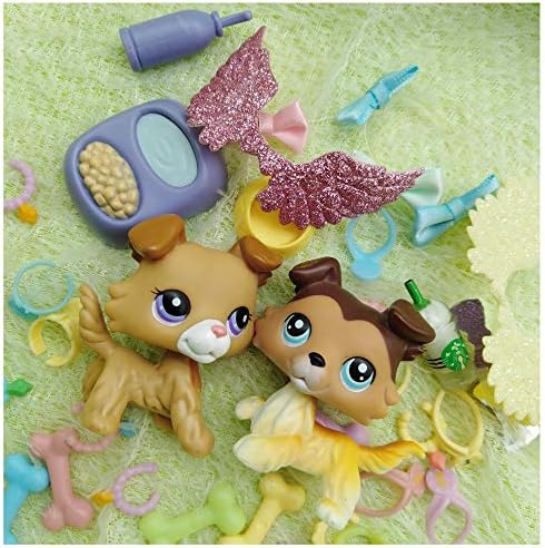 (Ship from US) Emilys Doll lps Collie 2pcs, lps Puppy #58#2452 Yellow and Brown Paw Up Collie Tan and Purple Eyes Puppy with lps Accessories 4pcs Kids Gift