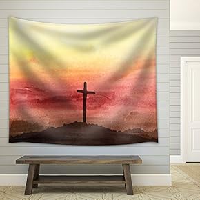 Watercolor Vector Illustration. Hand Drawn Easter Scene with Cross. Jesus Christ. Crucifixion. - Fabric Wall Tapestry Home Decor - 51x60 inches