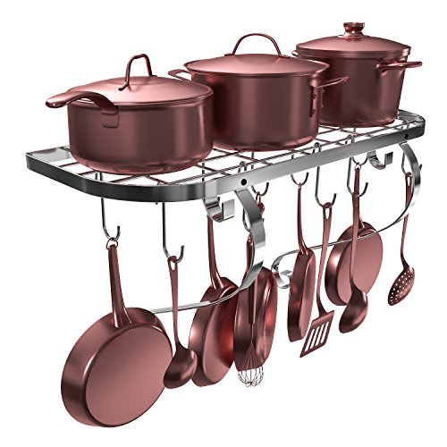 VDOMUS Square Grid Wall Mount Pot Rack, Bookshelf Rack with 10 Hooks, Kitchen Cookware, 24 by 10-inch (Sliver) - Thumbnail 5
