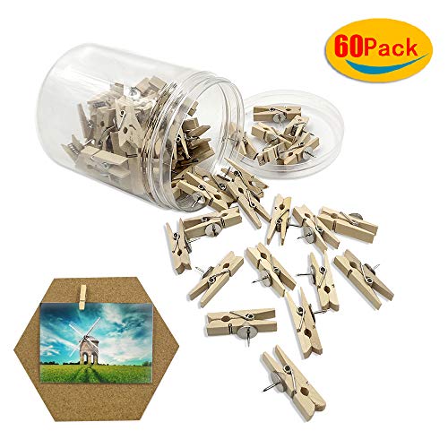 Push Pins with Wooden Clips Pushpins Tacks Thumbtacks for Offices Cork Boards Artworks Notes Photos Craft Projects and Homes 60PC.Wood - Thumbnail 5