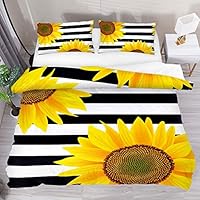 LUCASE LEMON ALEX 3 Pieces Yellow Sunflower Black White Stripe Duvet Cover Set (1 Duvet Cover + 2 Pillowcases) Twin Size Breathable Bedding Sets Room Decor for Kids Teens Girls Boys