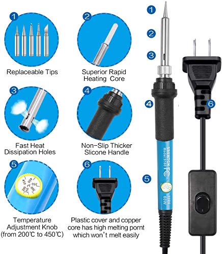 Soldering Iron Kit, [Upgraded] 60W Adjustable Temperature Welding Tool with ON-Off Switch, Rarlight 9-in-1 Soldering Kits, 5pcs Soldering Iron Tips, Solder Wire, Y Type Soldering Iron Stand (Blue)