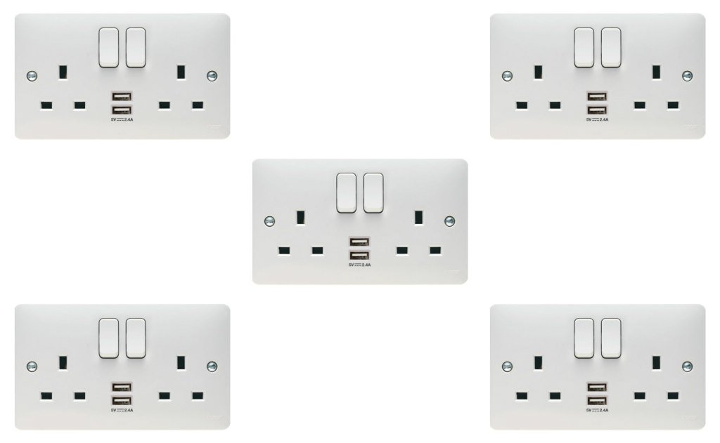 Pack of 5 x Hager WMSS82USB 'Sollysta' Switch Socket Outlet 13 Amp with 2 x USB Charging Points 2.4A